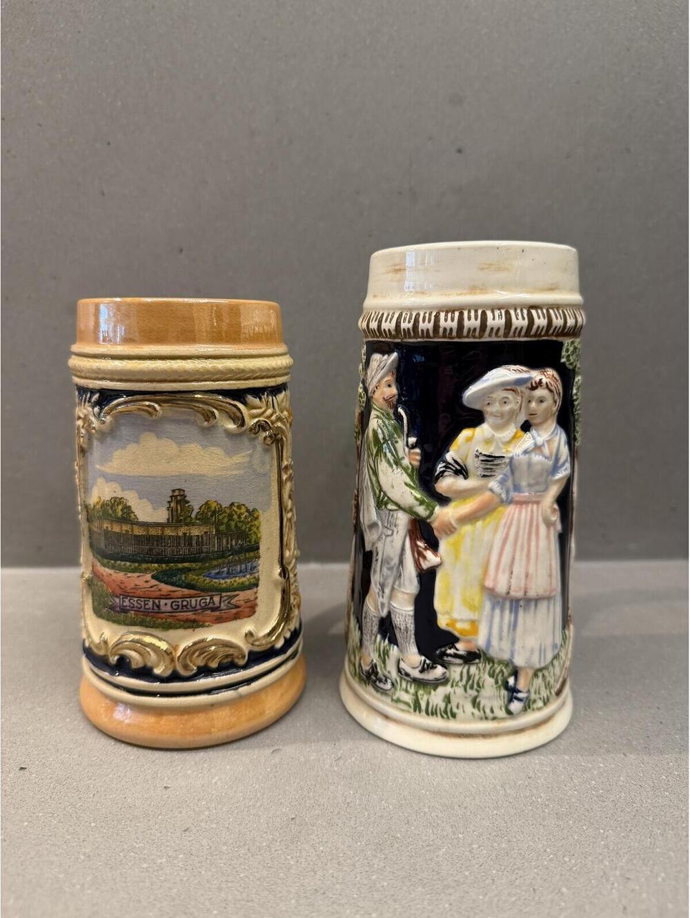 Lot of 2 Vintage German Beer Steins-(1) Handgemalt Essen Grugapark Alpine Scene